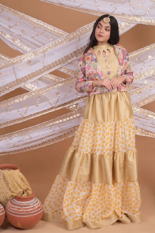 Women's Golden Skirt With Multicolored Jacket - Khumaar- Shuchi Bhutani leather skirt refined