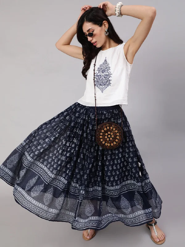 Women's Navy Blue & White Embroidered  Top With Hand  Block Printed Skirt Set - Aks button skirt front